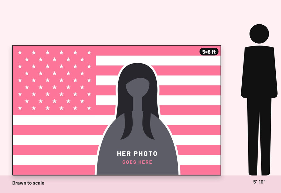 Flag sizes drawn to scale next to a 5 foot 10 inch person