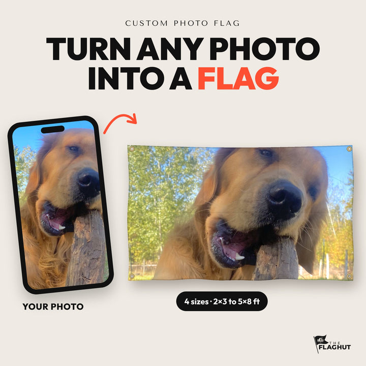 Turn any photo into a flag: a photo on a phone printed as a flag, 4 sizes from 2x3 to 5x8 ft
