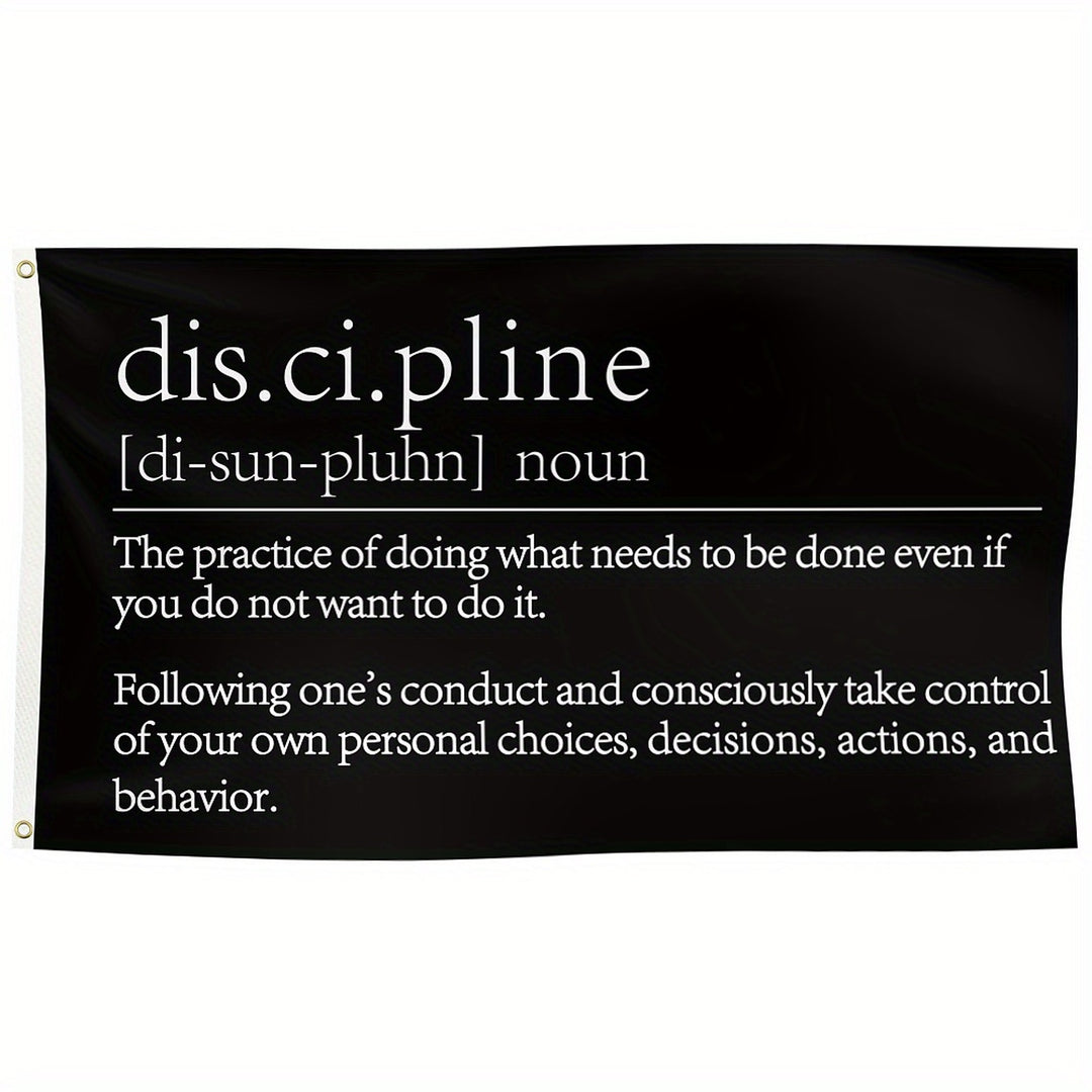 Discipline definition flag, black with white serif text, 3x5ft