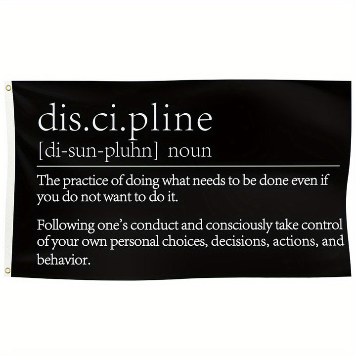 Discipline definition flag, black with white serif text, 3x5ft