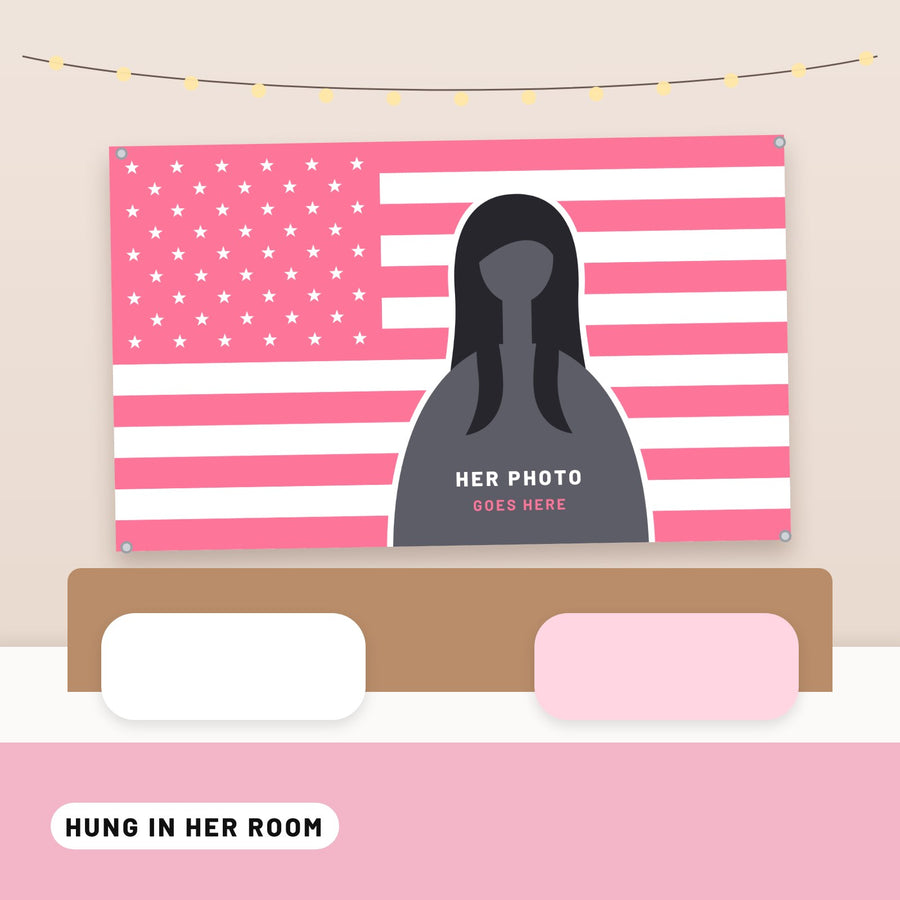 The pink flag hung on a bedroom wall