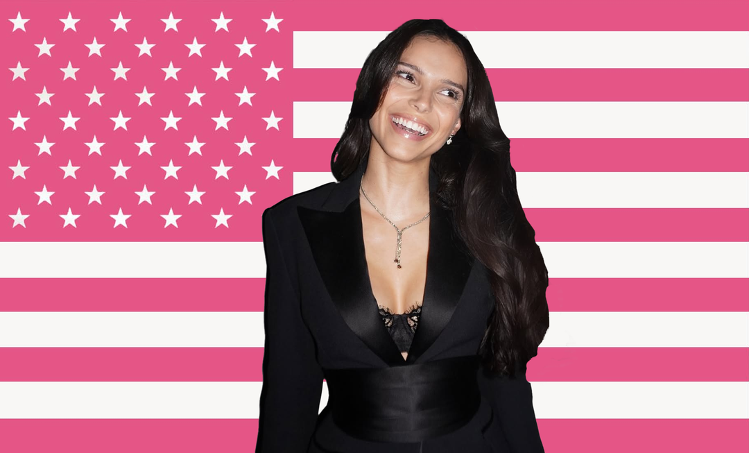 Inde Navarrette on a pink-and-white American flag, 3x5 ft