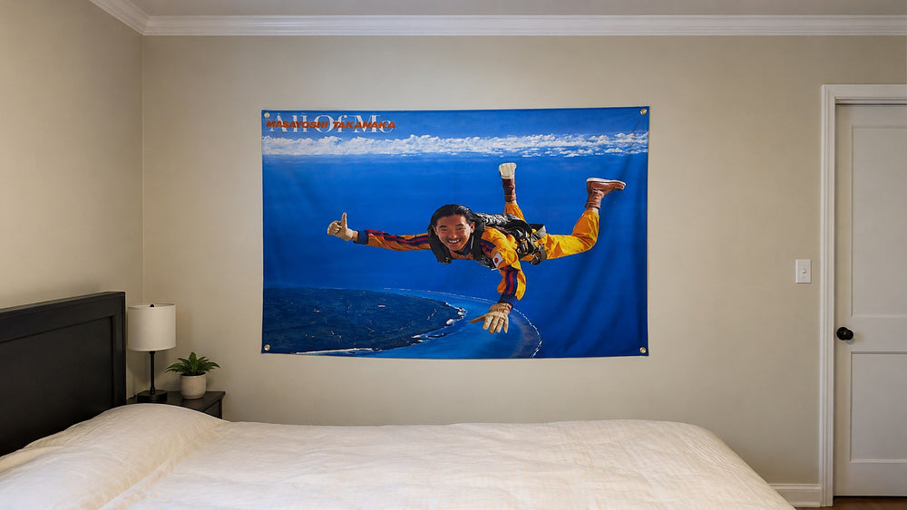 Masayoshi Takanaka flag hanging on a bedroom wall with corner grommets