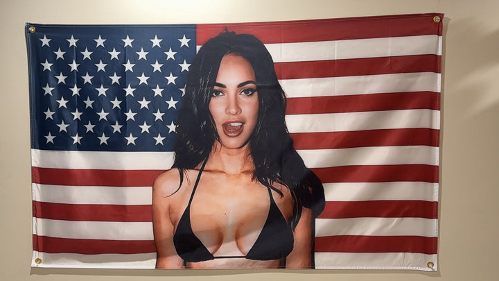 American flag portrait banner hanging on a wall with corner grommets