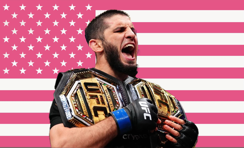 Islam Makhachev with two UFC belts on a pink-and-white American flag, 3x5 ft