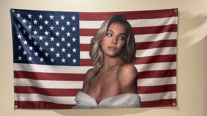 American flag portrait banner hanging on a wall with corner grommets