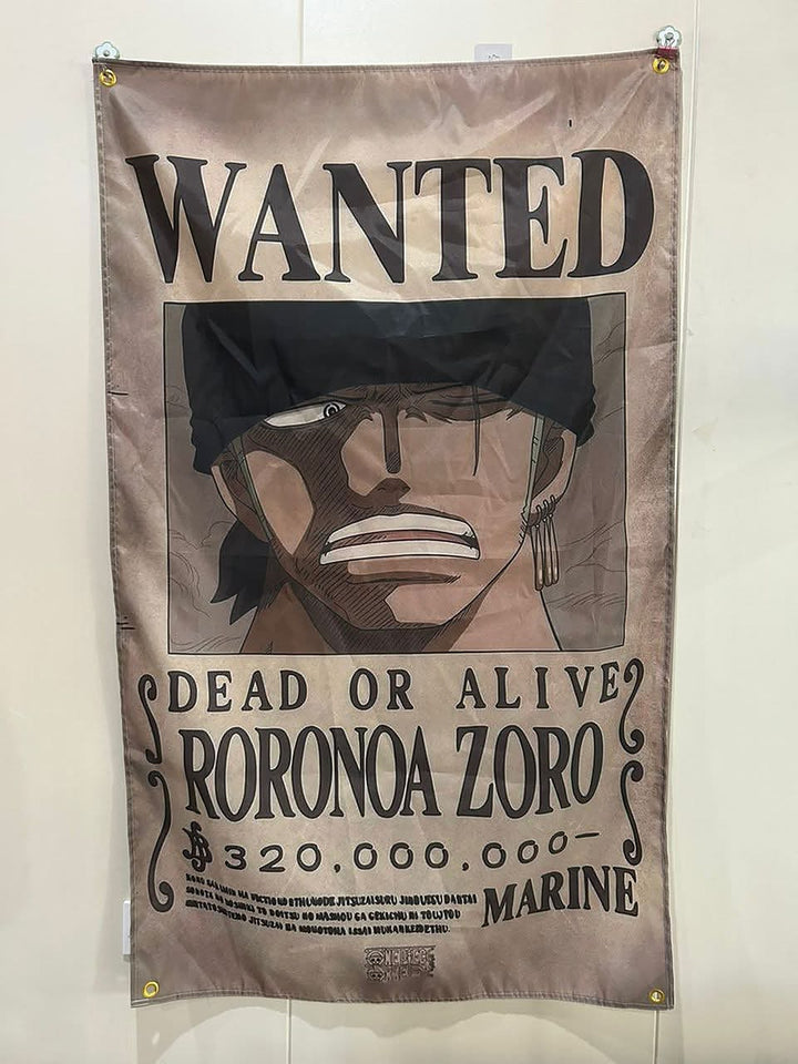 Zoro wanted poster flag hanging on a wall with corner grommets